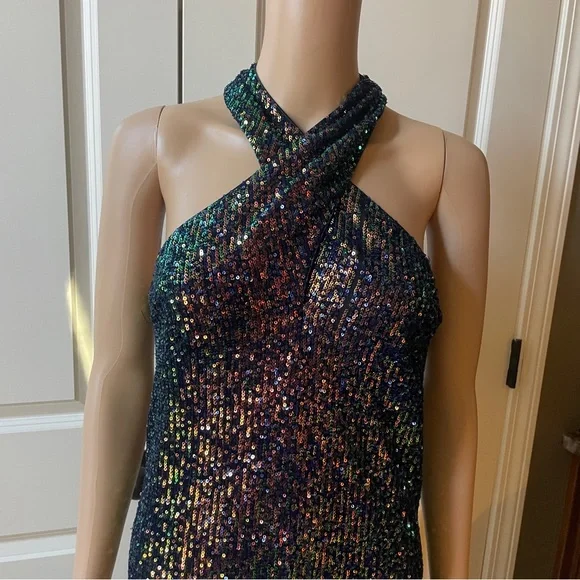 NWT Cache Iridescent Sequin Dress - halter neckline - Size Small - Picture 8 of 11